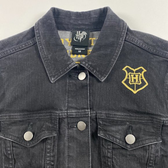 Harry Potter Hufflepuff Denim Jean Jacket Womens Large Black Cotton Stretch - Picture 3 of 14